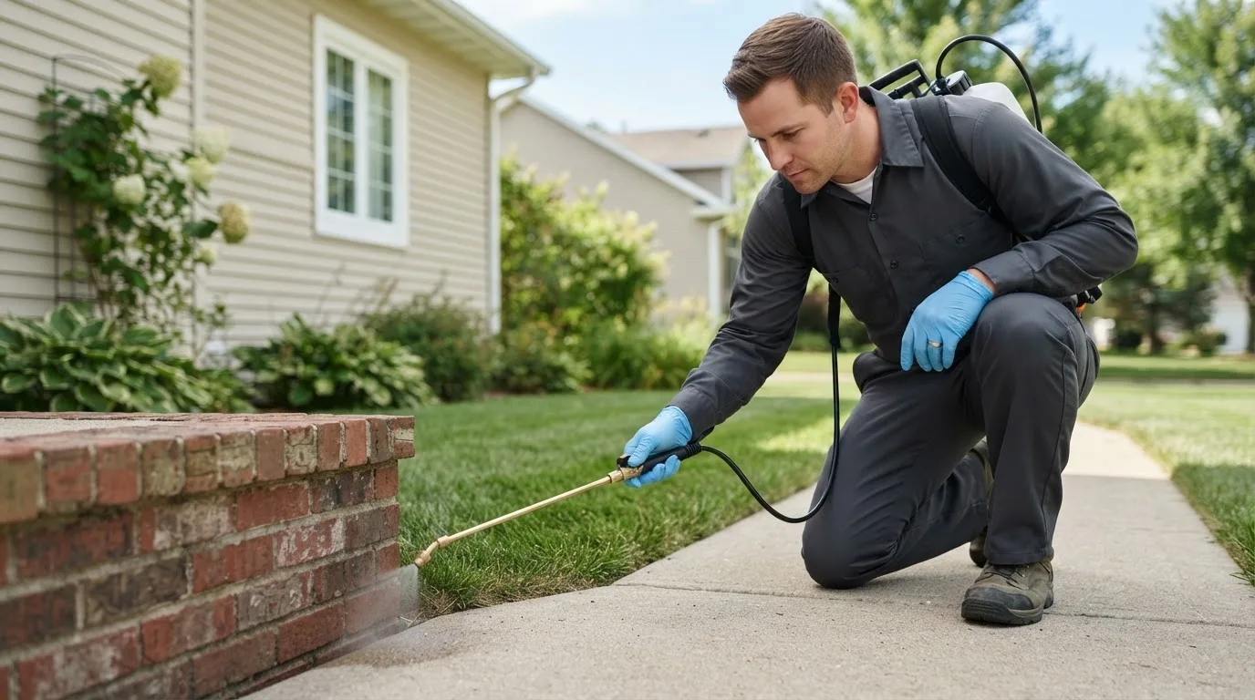 Pest control technician treating a home near Pennington, NJ